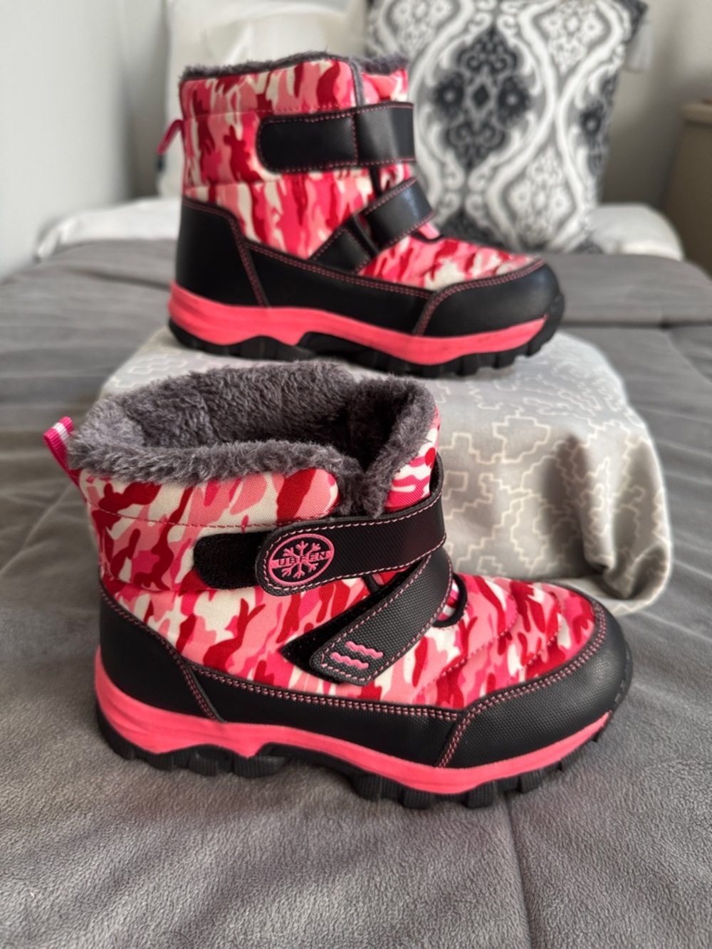 Ubfen Water-proof Pink Camo Kids Snow Boots Cozy Faux-Fur nonslip eu 33 US 1
